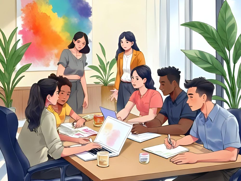 Eine vielfältige Gruppe von Mitarbeitenden arbeitet gemeinsam an einem Konferenztisch an einem Projekt zu Diversität und Inklusion.