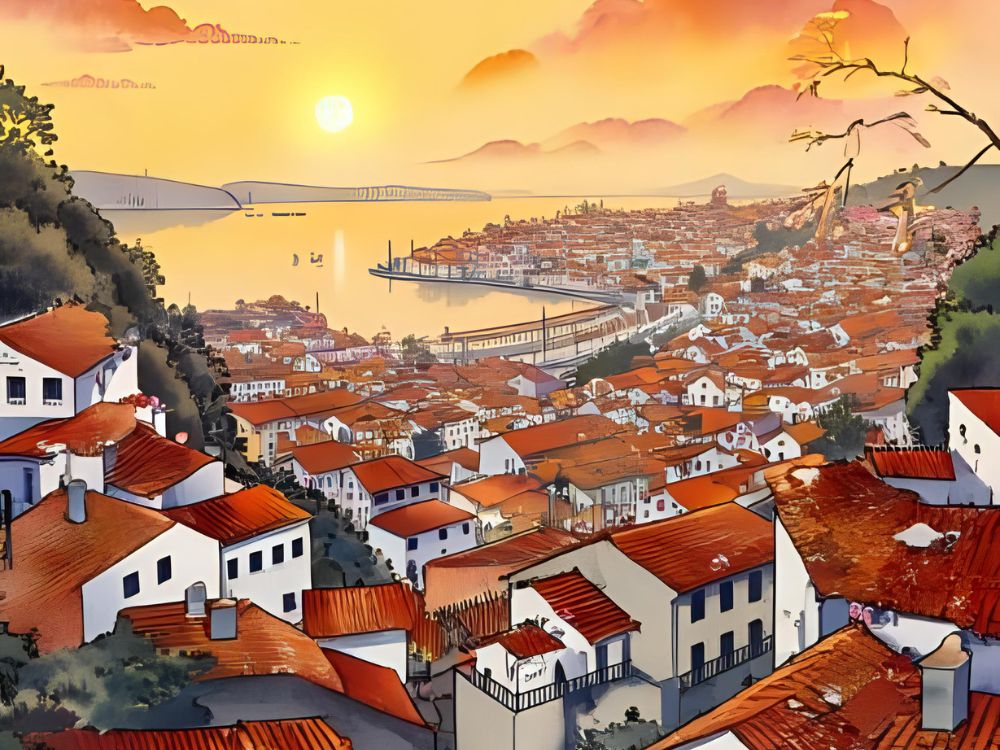 Illustrated cityscape of a coastal town with red rooftops at sunset, viewed from a hillside.