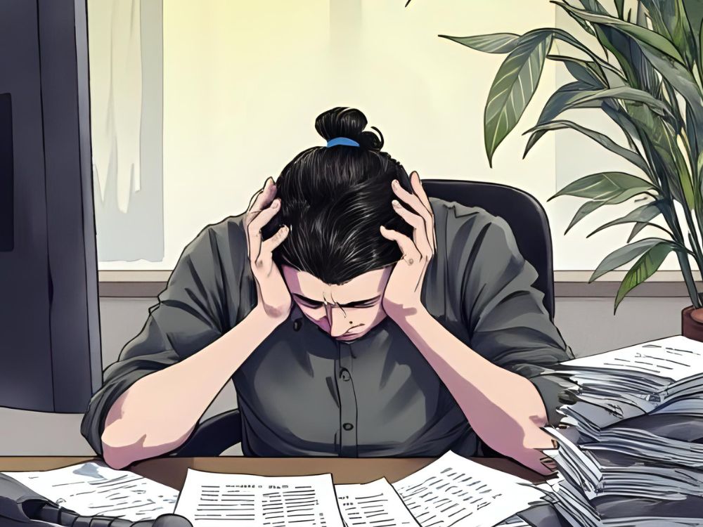 Gestresste Person mit Dokumentenstapel am Schreibtisch als Darstellung von Burnout am Arbeitsplatz.