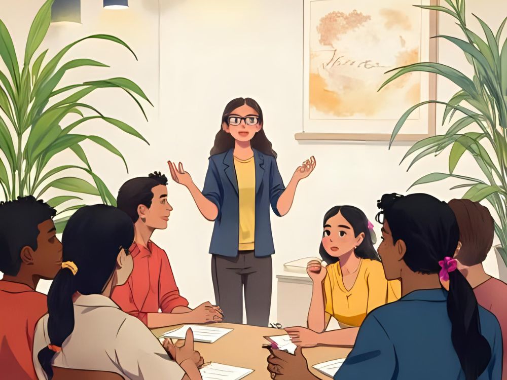 Illustratie van een vrouw die een presentatie geeft aan een groep collega’s tijdens een teamoverleg over goed werkgeverschap.