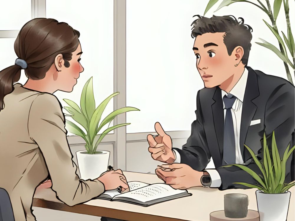 Dos personas conversan seriamente en una oficina rodeada de plantas, con una libreta abierta sobre la mesa.