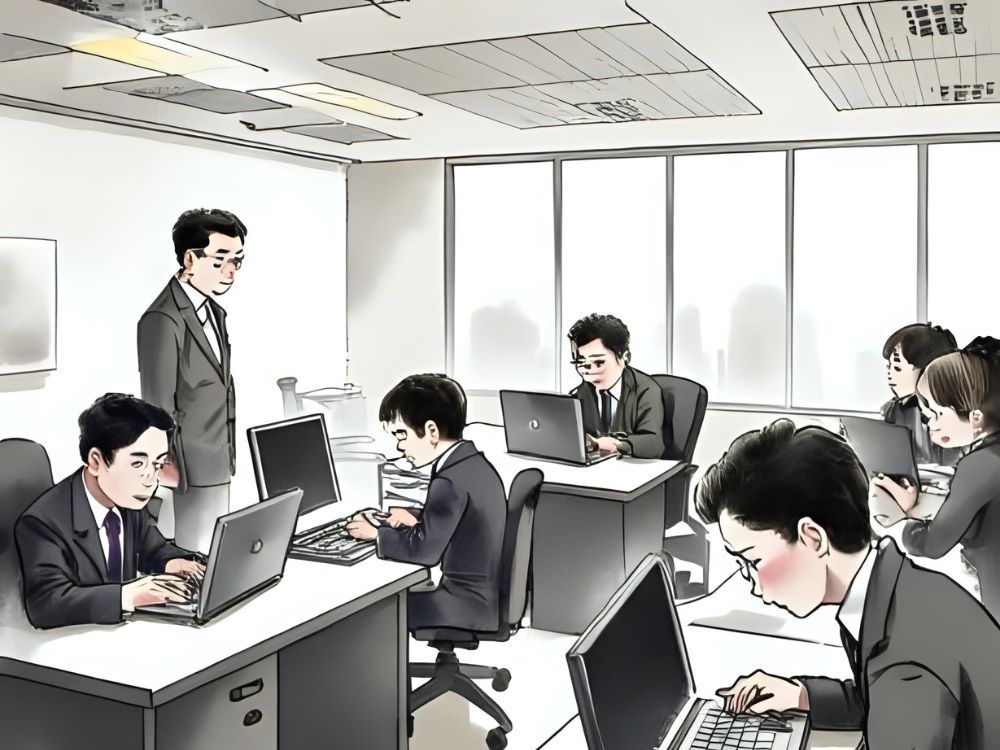 Ilustración de empleados de oficina trabajando en sus portátiles en un entorno colaborativo.