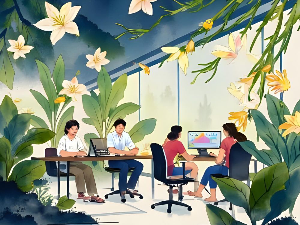 Ilustración de cuatro personas colaborando en un espacio de oficina rodeado de plantas y flores, simbolizando innovación social y una cultura organizacional positiva.