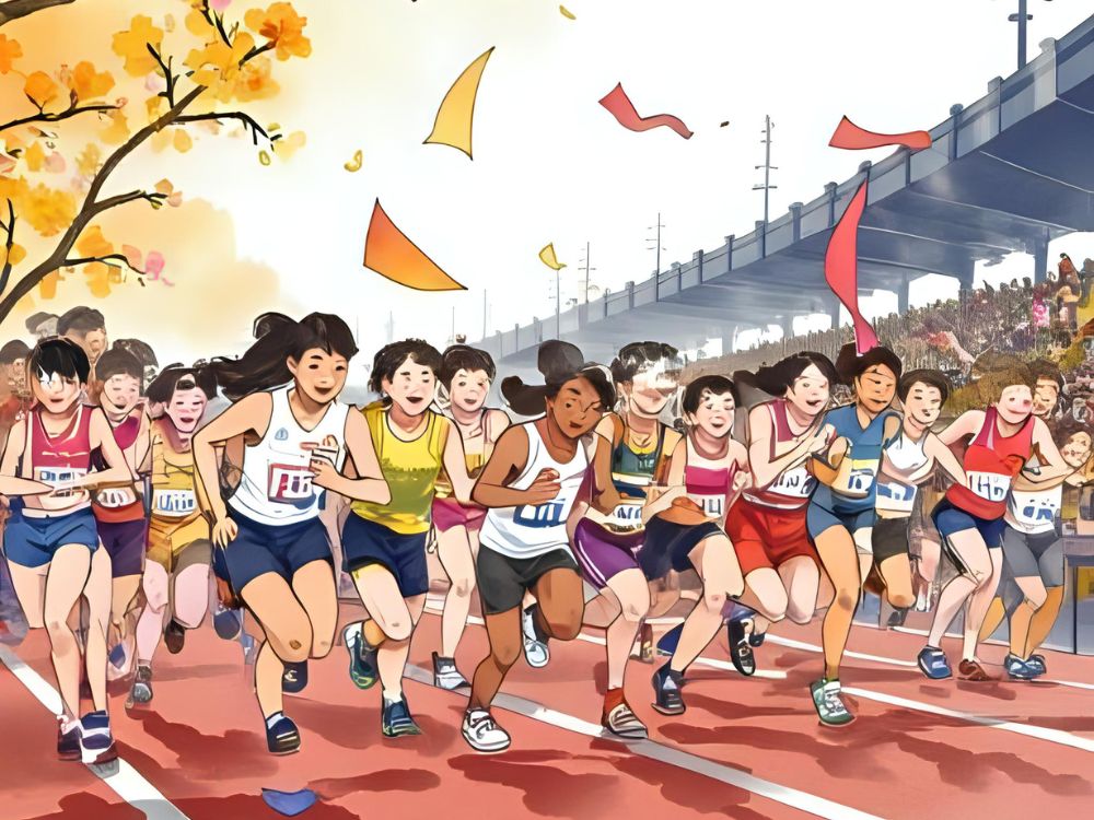 Un grupo de jóvenes atletas inicia una carrera en una pista al aire libre durante un evento multitudinario en otoño.