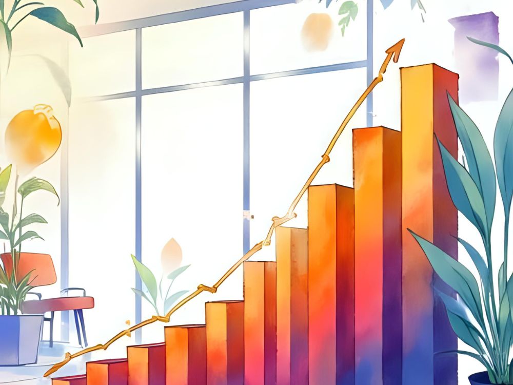 Gráfico de barras ascendentes que representa el crecimiento empresarial en una oficina luminosa con plantas.