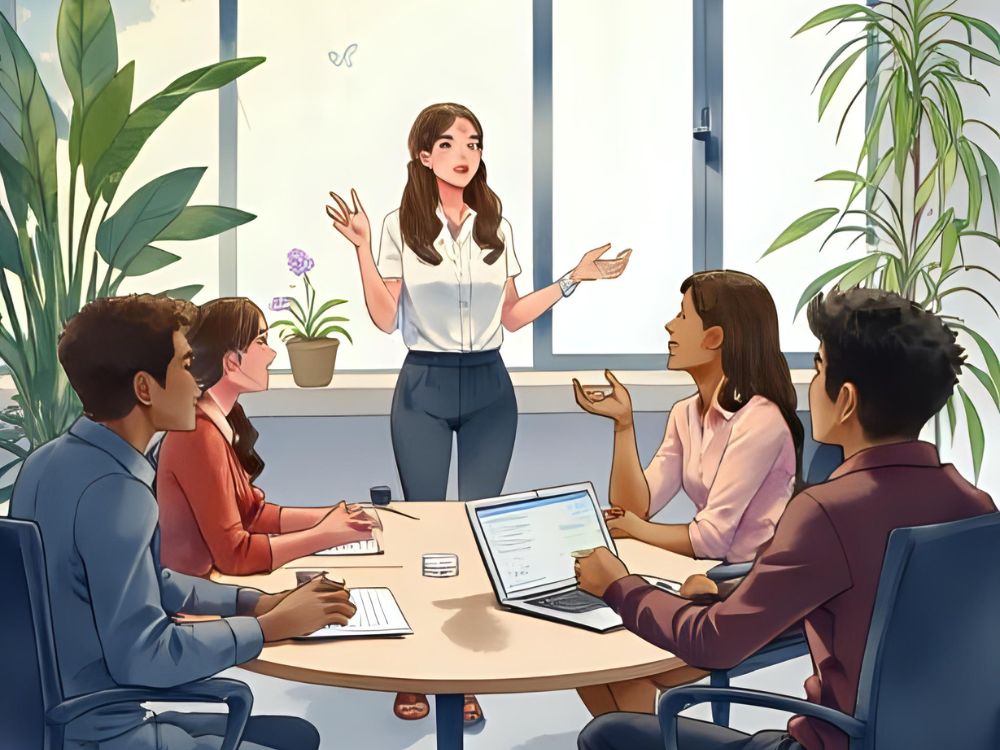 Reunión de equipo en una oficina moderna donde una mujer presenta la visión de RR.HH. 2025.