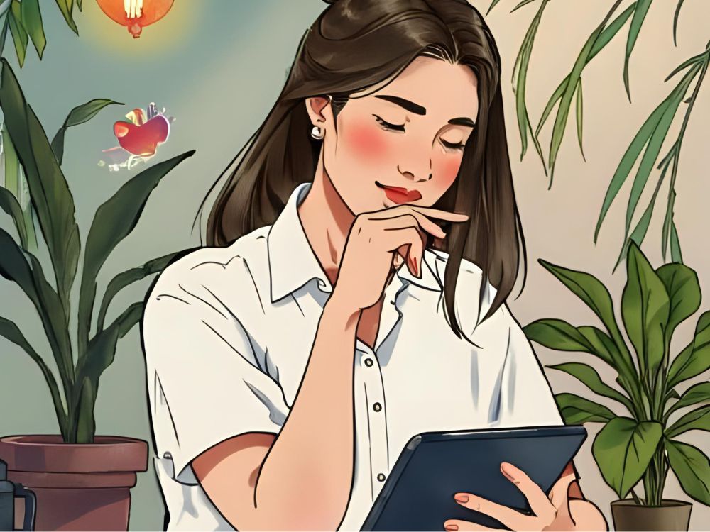 Mujer reflexionando mientras consulta una tableta, rodeada de plantas en un entorno de oficina.