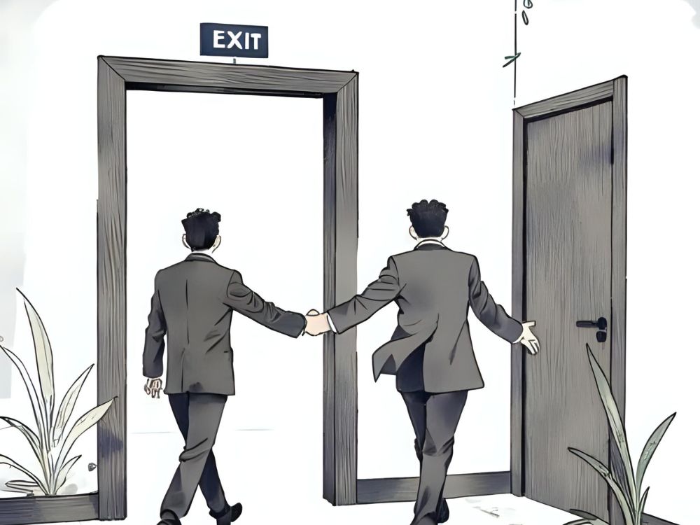 Dos hombres de negocios se dan la mano mientras salen por una puerta de emergencia marcada como "EXIT".