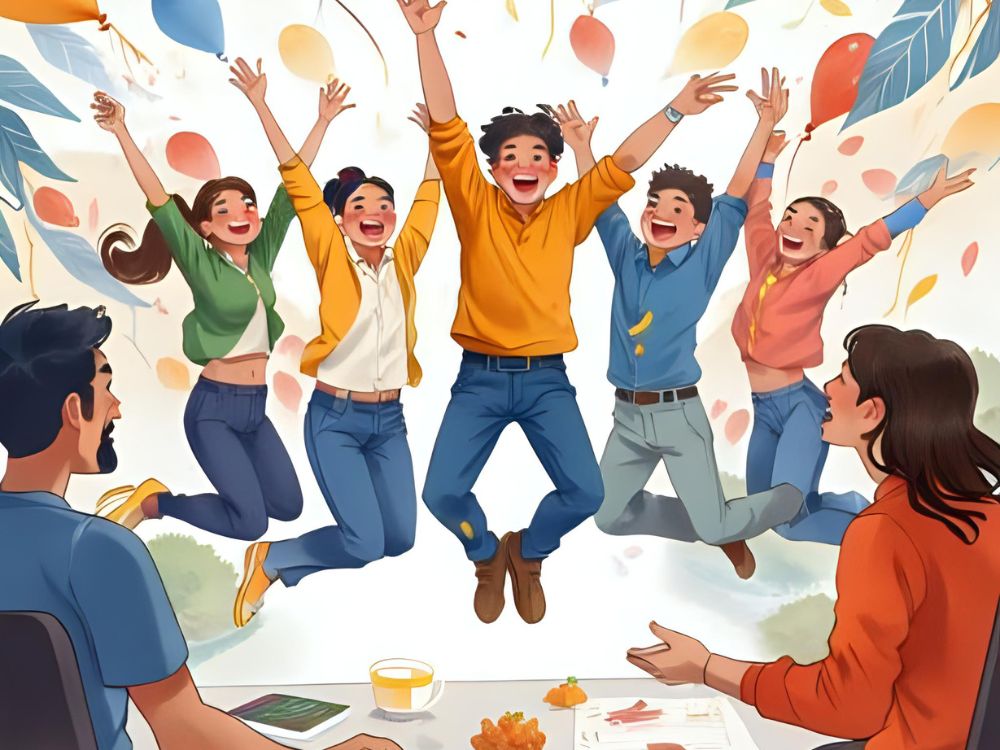 Empleados celebrando con entusiasmo en una oficina, en un entorno lleno de globos y hojas coloridas.