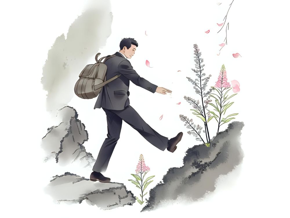 Ilustración de un hombre con traje y mochila cruzando un terreno rocoso hacia unas plantas en flor.