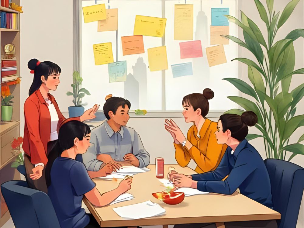 Cinco compañeros de trabajo conversan y colaboran en una reunión en una oficina acogedora.