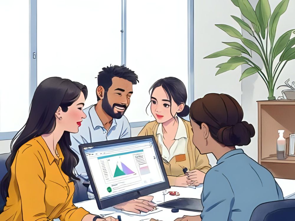 Cuatro personas colaboran en una reunión de trabajo revisando gráficos en una computadora en una oficina moderna.