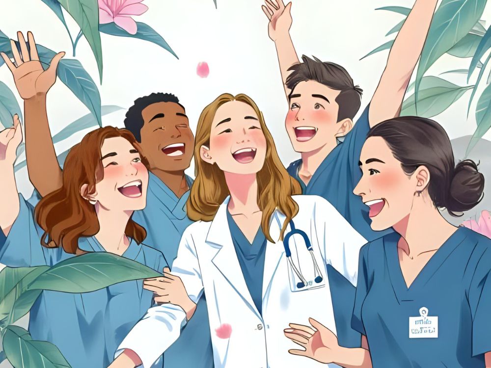 Grupo de profesionales de la salud sonríe y celebra juntos en un entorno alegre y natural.