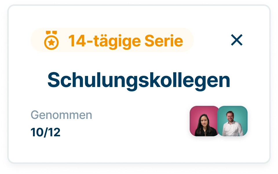 Dashboard-Karte mit dem Titel „Einarbeitung von Kollegen“, einer 14-tägigen Serie und 10 von 12 abgeschlossenen Aufgaben.