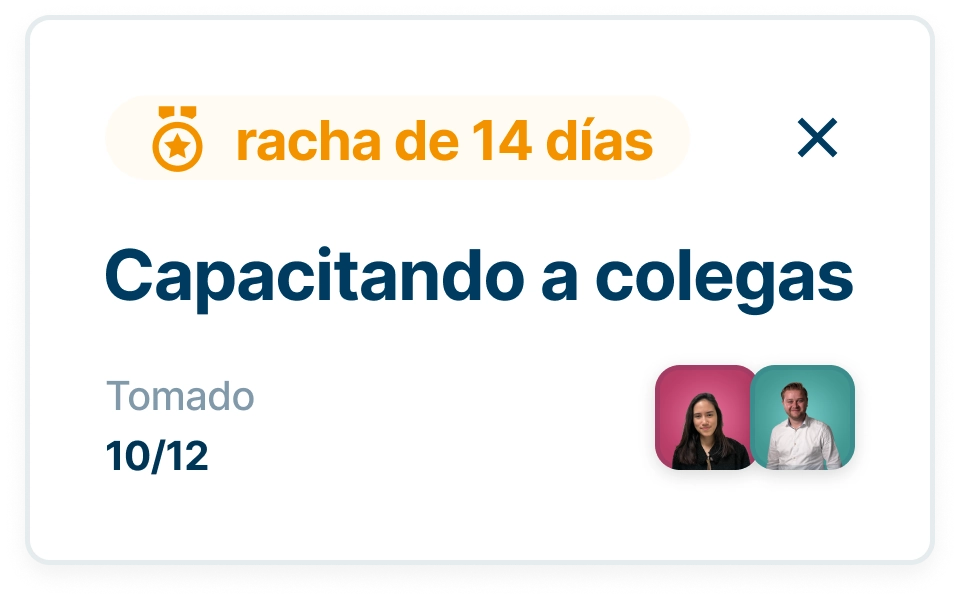 Tarjeta del panel con el título «Formación de compañeros», una racha de 14 días y 10 de las 12 tareas completadas.