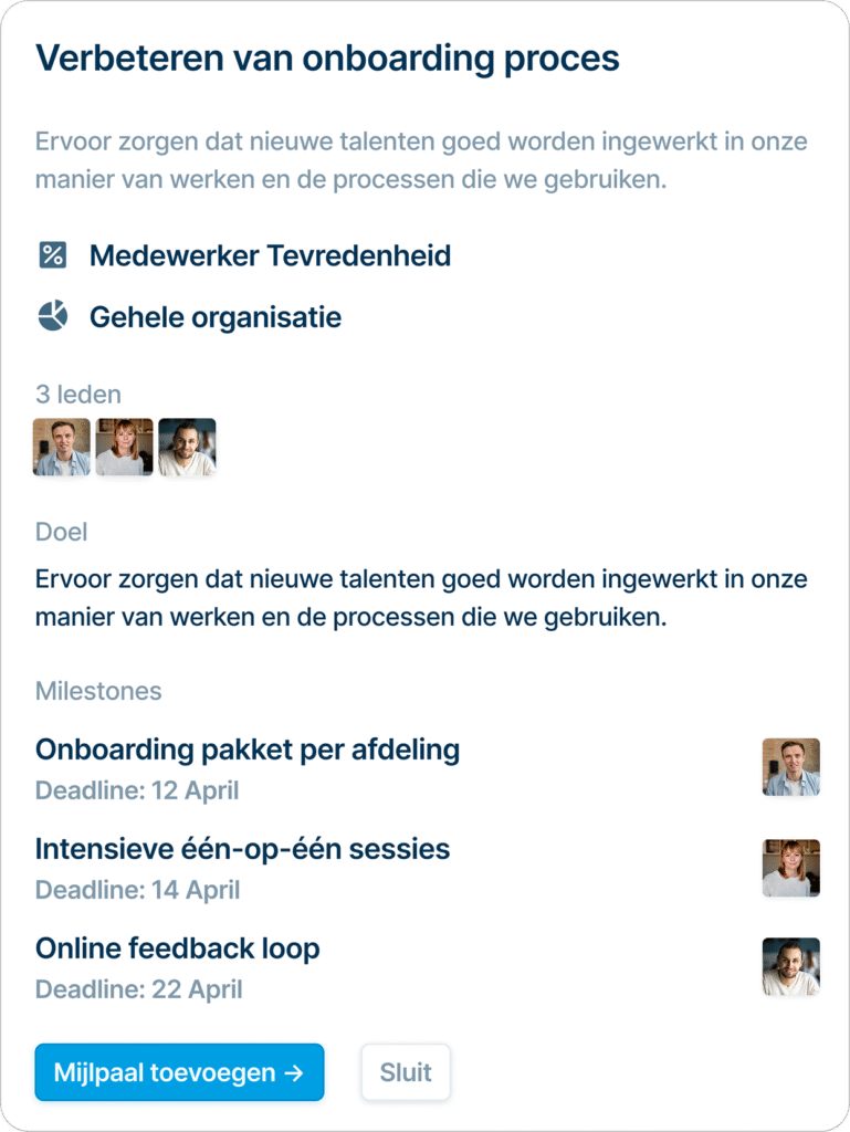 Dashboard-element met een projectoverzicht voor het verbeteren van het onboardingproces, inclusief doelen, teamleden en geplande mijlpalen met deadlines.