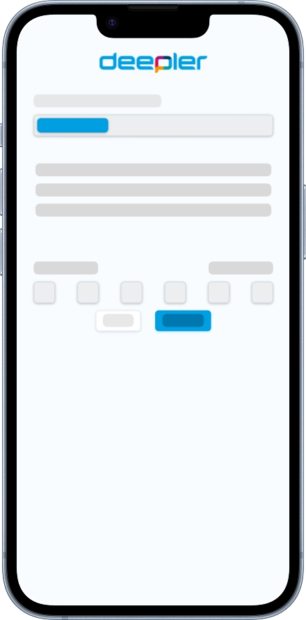 Mobiele weergave van het Deepler-dashboard met verschillende modules en een geselecteerde blauwe navigatieknop.
