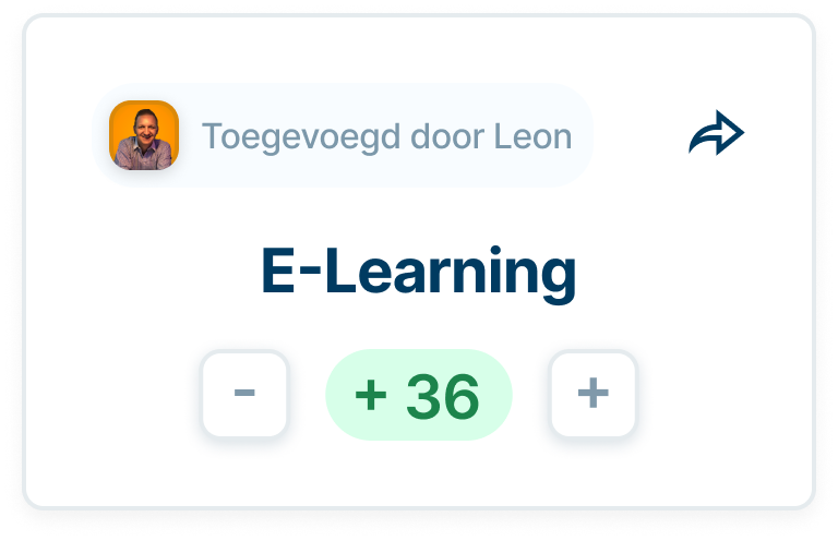 E-learning kaart toegevoegd door Leon met een score van 36 en plus- en minknoppen.