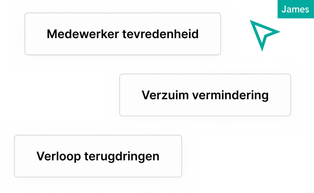 Afbeelding met drie blokken tekst waarin 'Medewerker tevredenheid', 'Verzuim vermindering' en 'Verloop terugdringen' staat.