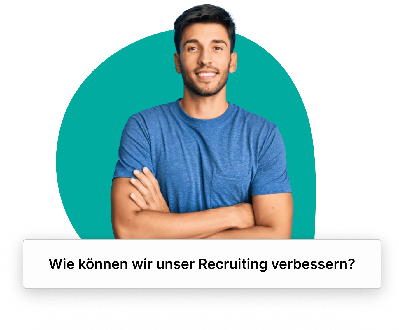 Man in blauw shirt met gevouwen armen voor een turquoise achtergrond met de tekst: "Hoe kunnen we onze recruitment verbeteren?".