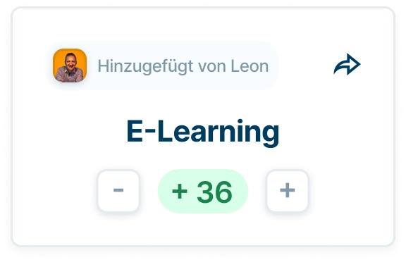E-Learning-Karte von Leon hinzugefügt mit einer Punktzahl von 36 und Plus- und Minus-Buttons.