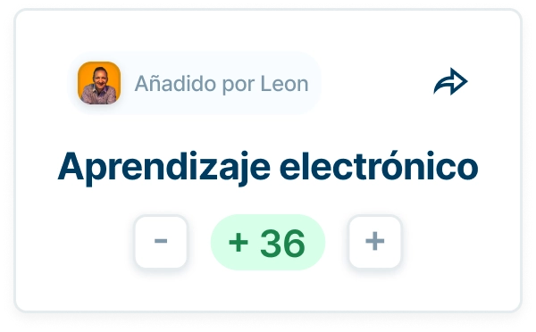 Tarjeta de aprendizaje electrónico añadida por Leon con una puntuación de 36 y botones de más y menos.