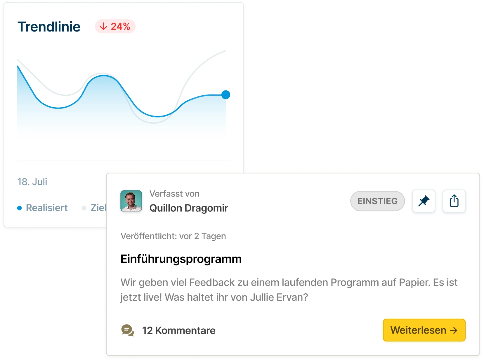 Dashboardweergave met een dalende trendlijn van 24% en een bericht over de lancering van een inwerkprogramma.