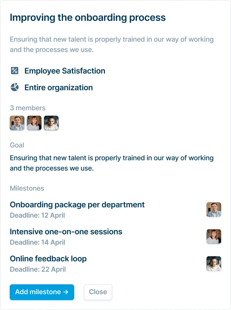 Dashboard-element met een projectoverzicht voor het verbeteren van het onboardingproces, inclusief doelen, teamleden en geplande mijlpalen met deadlines.