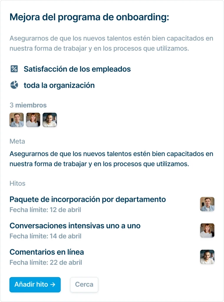 Elemento del panel con una descripción general del proyecto para mejorar el proceso de incorporación, incluyendo objetivos, miembros del equipo e hitos previstos con plazos.