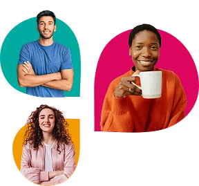 Drie lachende mensen tegen gekleurde achtergronden, als visueel element voor werkgevers.