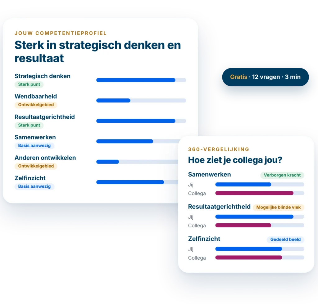 Voorbeeld van een competentieprofiel en een 360-vergelijking uit de gratis 360 mini-analyse van Deepler