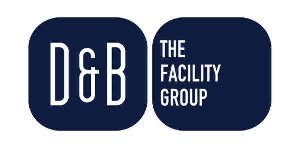Logo of D&B The Facility Group in white text on a dark blue background with rounded squares.