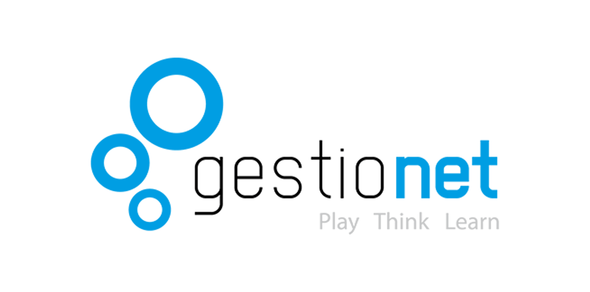 Logo van GestioNet met blauwe cirkels en de slogan "Play Think Learn".
