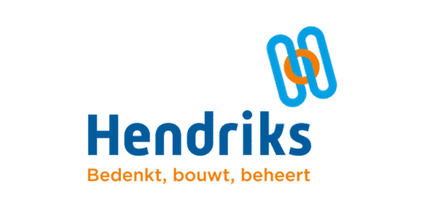 Logo of Hendriks with a blue and orange icon and the Dutch slogan "Bedenkt, bouwt, beheert".