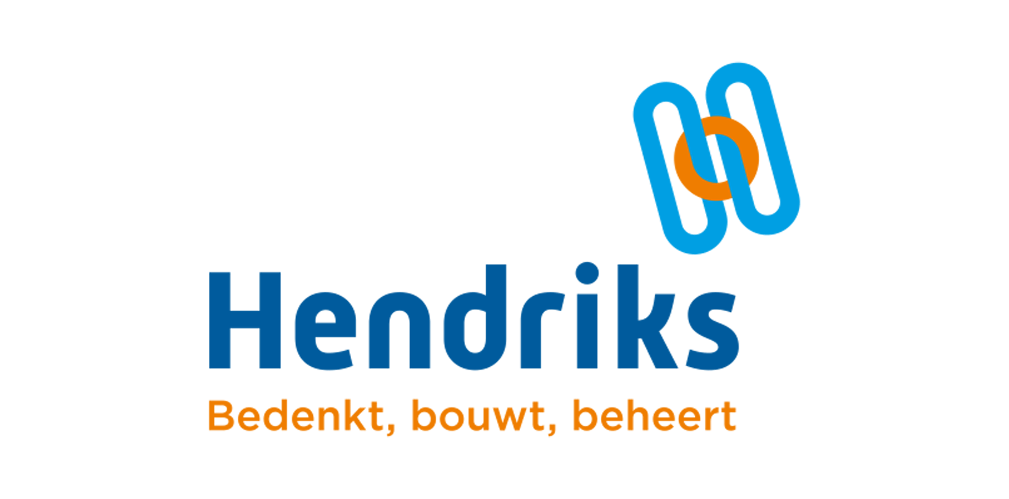 Logo van Hendriks met blauwe en oranje grafische elementen en de slogan "Bedenkt, bouwt, beheert".
