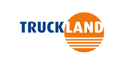 Logo van Truckland met blauwe en witte tekst voor een oranje cirkel met witte strepen.