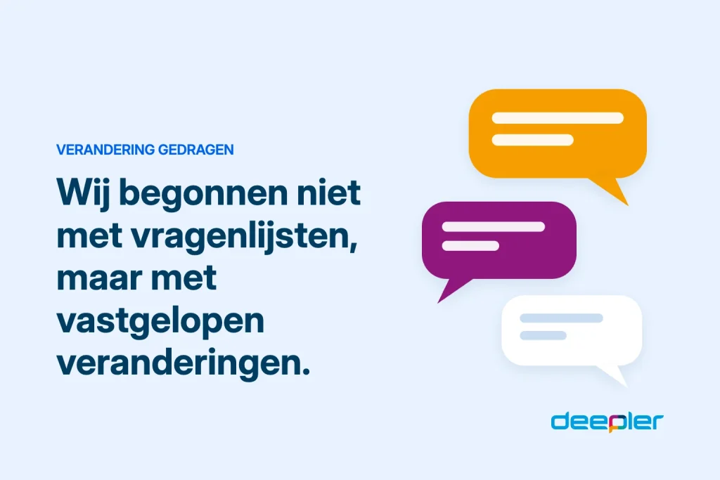 Deepler-header over medewerkers betrekken bij verandering: Wij begonnen niet met vragenlijsten, maar met vastgelopen veranderingen.